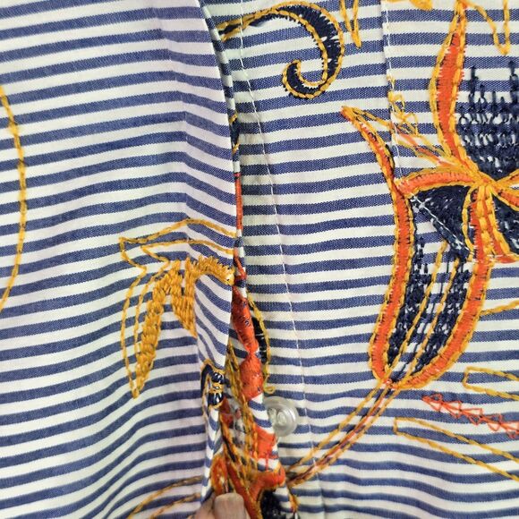 Peck & Peck Embroidered Striped Floral Shirt Small Cotton Boho Scallop Hem Blue - Picture 12 of 16
